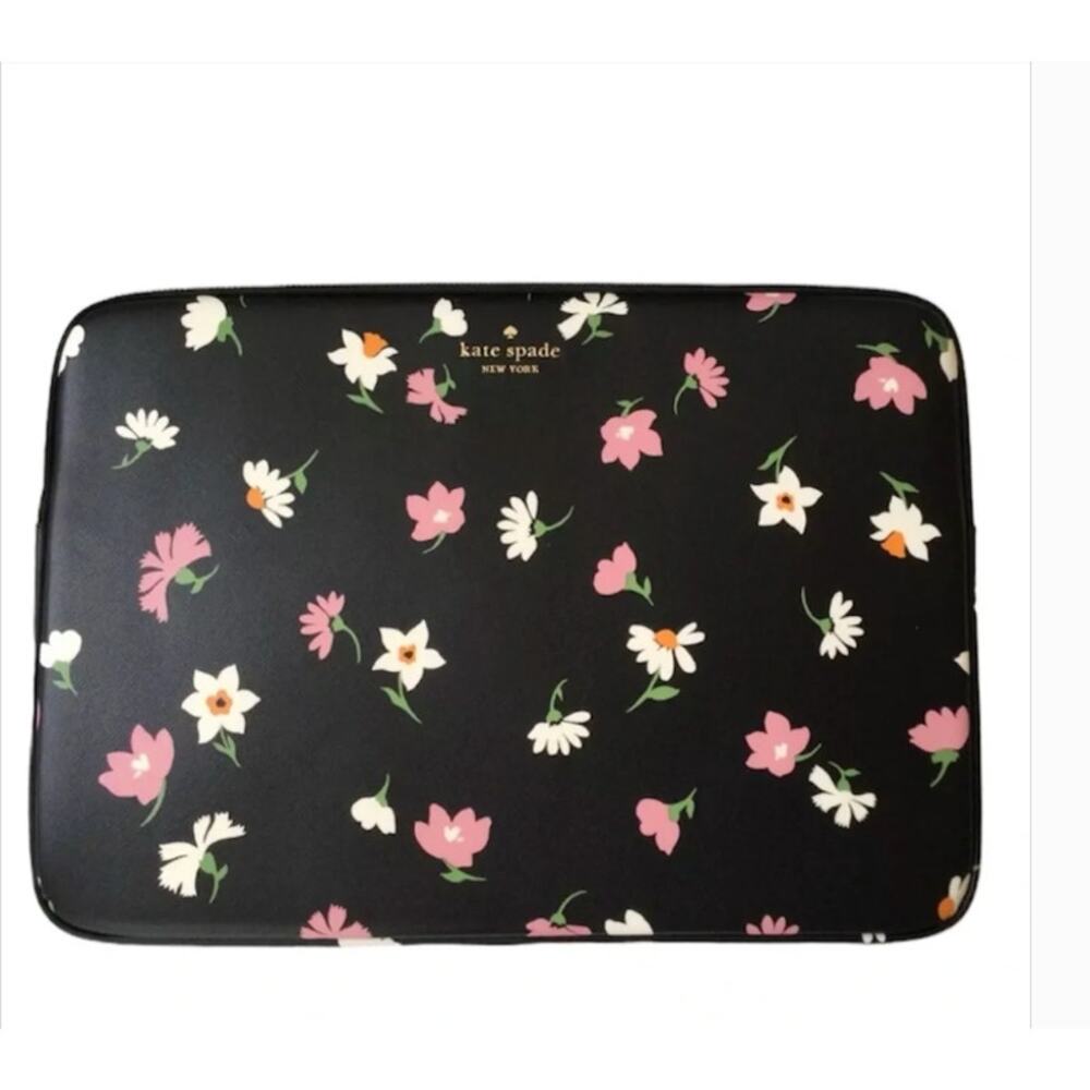 Kate Spade Floral Waltz Saffiano Leather Laptop Sleeve Black Multi 15" Floral